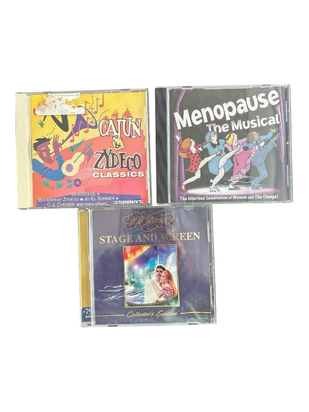 Assorted Music & Theater CD Trio -Menopause, stage & screen hits, Cajun & zydeco